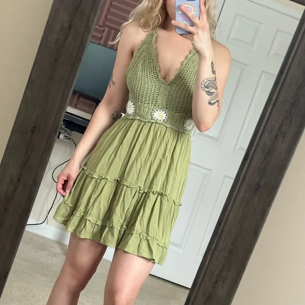 Green crochet hippy style strappy mini knit daisy dress by Indulge - Picture 1 of 8
